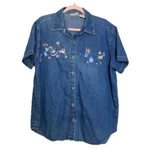 Vintage 90s Womens Large Denim Button‎ Up Shirt Gardening Flowers Spring Summer